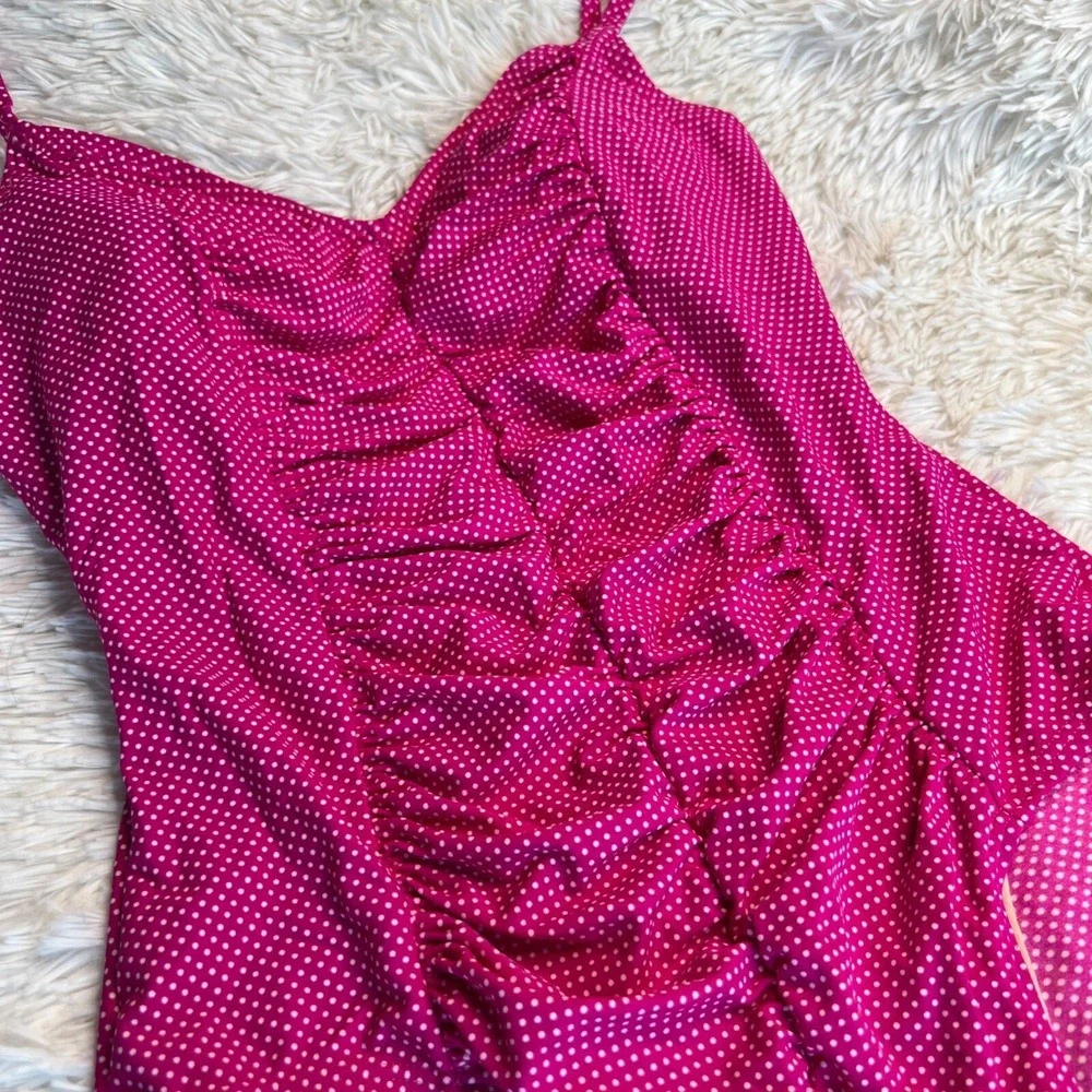 Vintage 80s does 50s Pinup Esther Williams‎ Ruched Pink Polka Dot Swimsuit Sz L
